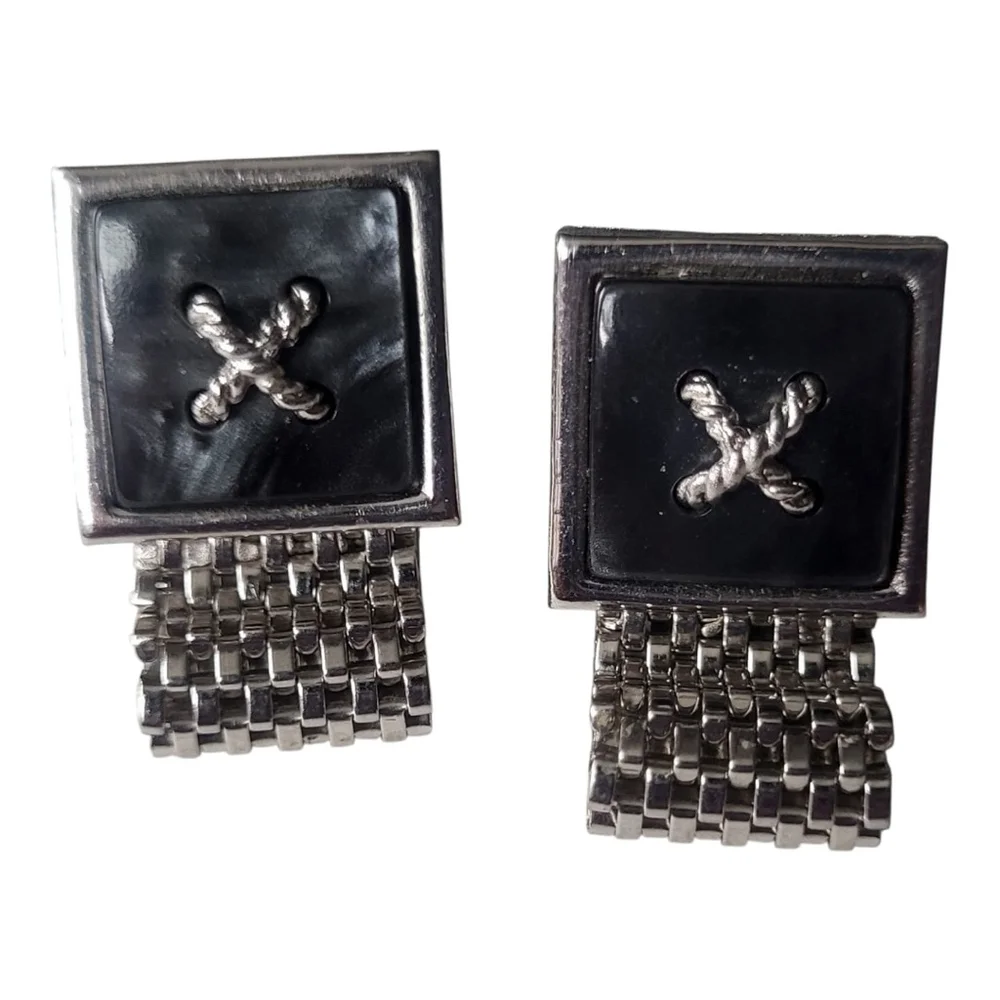 Black Marbled Silver Tone Mesh Chain Cuff Links One Size (11/16 approximate)